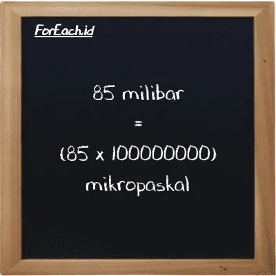 Cara konversi milibar ke mikropaskal (mbar ke µPa): 85 milibar (mbar) setara dengan 85 dikalikan dengan 100000000 mikropaskal (µPa)