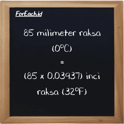 Cara konversi milimeter raksa (0<sup>o</sup>C) ke inci raksa (32<sup>o</sup>F) (mmHg ke inHg): 85 milimeter raksa (0<sup>o</sup>C) (mmHg) setara dengan 85 dikalikan dengan 0.03937 inci raksa (32<sup>o</sup>F) (inHg)
