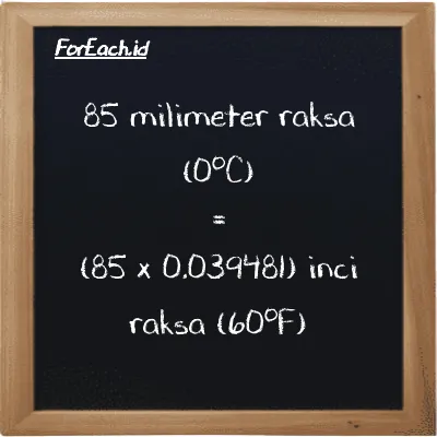 Cara konversi milimeter raksa (0<sup>o</sup>C) ke inci raksa (60<sup>o</sup>F) (mmHg ke inHg): 85 milimeter raksa (0<sup>o</sup>C) (mmHg) setara dengan 85 dikalikan dengan 0.039481 inci raksa (60<sup>o</sup>F) (inHg)