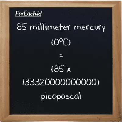 Cara konversi milimeter raksa (0<sup>o</sup>C) ke pikopaskal (mmHg ke pPa): 85 milimeter raksa (0<sup>o</sup>C) (mmHg) setara dengan 85 dikalikan dengan 133320000000000 pikopaskal (pPa)