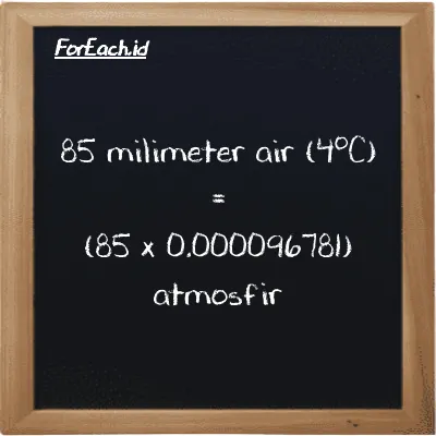 Cara konversi milimeter air (4<sup>o</sup>C) ke atmosfir (mmH2O ke atm): 85 milimeter air (4<sup>o</sup>C) (mmH2O) setara dengan 85 dikalikan dengan 0.000096781 atmosfir (atm)