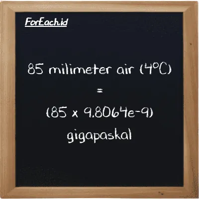 Cara konversi milimeter air (4<sup>o</sup>C) ke gigapaskal (mmH2O ke GPa): 85 milimeter air (4<sup>o</sup>C) (mmH2O) setara dengan 85 dikalikan dengan 9.8064e-9 gigapaskal (GPa)