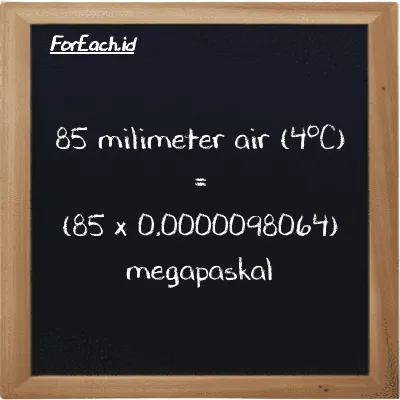 Cara konversi milimeter air (4<sup>o</sup>C) ke megapaskal (mmH2O ke MPa): 85 milimeter air (4<sup>o</sup>C) (mmH2O) setara dengan 85 dikalikan dengan 0.0000098064 megapaskal (MPa)