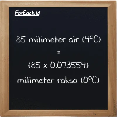 Cara konversi milimeter air (4<sup>o</sup>C) ke milimeter raksa (0<sup>o</sup>C) (mmH2O ke mmHg): 85 milimeter air (4<sup>o</sup>C) (mmH2O) setara dengan 85 dikalikan dengan 0.073554 milimeter raksa (0<sup>o</sup>C) (mmHg)