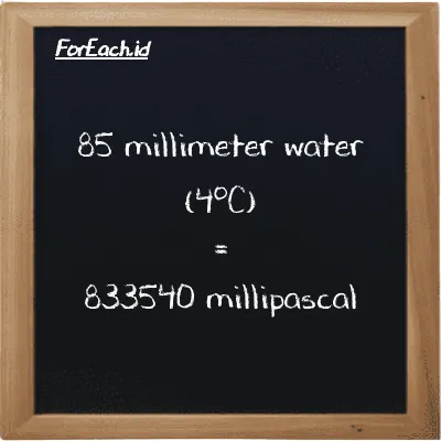 85 milimeter air (4<sup>o</sup>C) setara dengan 833540 milipaskal (85 mmH2O setara dengan 833540 mPa)