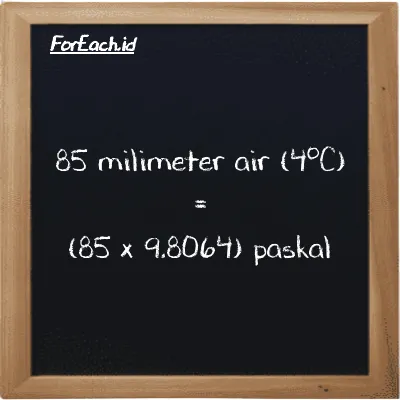 Cara konversi milimeter air (4<sup>o</sup>C) ke paskal (mmH2O ke Pa): 85 milimeter air (4<sup>o</sup>C) (mmH2O) setara dengan 85 dikalikan dengan 9.8064 paskal (Pa)