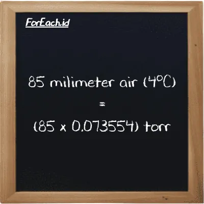 Cara konversi milimeter air (4<sup>o</sup>C) ke torr (mmH2O ke torr): 85 milimeter air (4<sup>o</sup>C) (mmH2O) setara dengan 85 dikalikan dengan 0.073554 torr (torr)