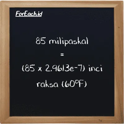 Cara konversi milipaskal ke inci raksa (60<sup>o</sup>F) (mPa ke inHg): 85 milipaskal (mPa) setara dengan 85 dikalikan dengan 2.9613e-7 inci raksa (60<sup>o</sup>F) (inHg)