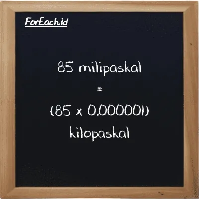 Cara konversi milipaskal ke kilopaskal (mPa ke kPa): 85 milipaskal (mPa) setara dengan 85 dikalikan dengan 0.000001 kilopaskal (kPa)