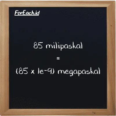 Cara konversi milipaskal ke megapaskal (mPa ke MPa): 85 milipaskal (mPa) setara dengan 85 dikalikan dengan 1e-9 megapaskal (MPa)
