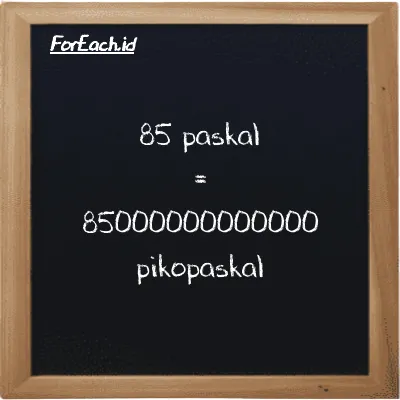 Cara konversi paskal ke pikopaskal (Pa ke pPa): 85 paskal (Pa) setara dengan 85 dikalikan dengan 1000000000000 pikopaskal (pPa)