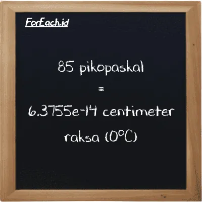 Cara konversi pikopaskal ke centimeter raksa (0<sup>o</sup>C) (pPa ke cmHg): 85 pikopaskal (pPa) setara dengan 85 dikalikan dengan 7.5006e-16 centimeter raksa (0<sup>o</sup>C) (cmHg)