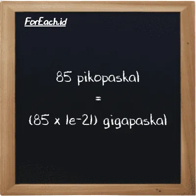 Cara konversi pikopaskal ke gigapaskal (pPa ke GPa): 85 pikopaskal (pPa) setara dengan 85 dikalikan dengan 1e-21 gigapaskal (GPa)