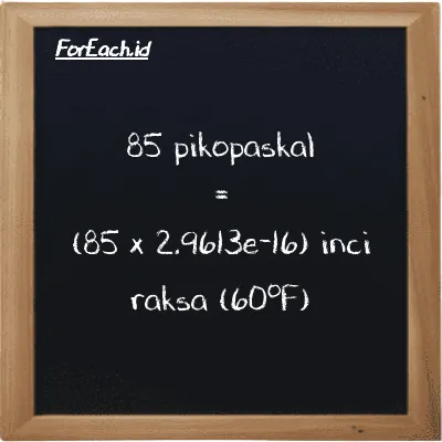 Cara konversi pikopaskal ke inci raksa (60<sup>o</sup>F) (pPa ke inHg): 85 pikopaskal (pPa) setara dengan 85 dikalikan dengan 2.9613e-16 inci raksa (60<sup>o</sup>F) (inHg)