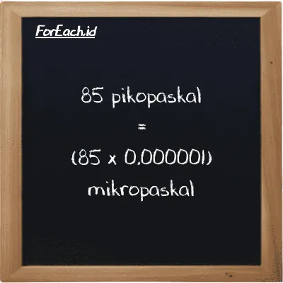 Cara konversi pikopaskal ke mikropaskal (pPa ke µPa): 85 pikopaskal (pPa) setara dengan 85 dikalikan dengan 0.000001 mikropaskal (µPa)