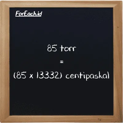 Cara konversi torr ke centipaskal (torr ke cPa): 85 torr (torr) setara dengan 85 dikalikan dengan 13332 centipaskal (cPa)