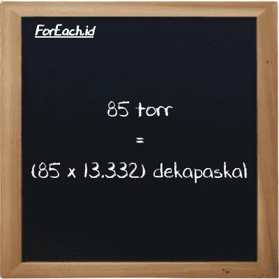 Cara konversi torr ke dekapaskal (torr ke daPa): 85 torr (torr) setara dengan 85 dikalikan dengan 13.332 dekapaskal (daPa)