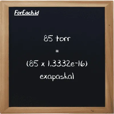 Cara konversi torr ke exapaskal (torr ke EPa): 85 torr (torr) setara dengan 85 dikalikan dengan 1.3332e-16 exapaskal (EPa)