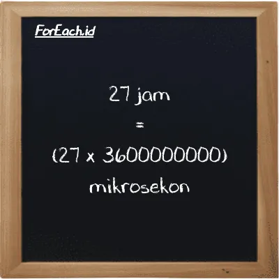 Cara konversi jam ke mikrosekon (h ke µs): 27 jam (h) setara dengan 27 dikalikan dengan 3600000000 mikrosekon (µs)