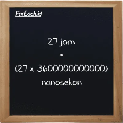 Cara konversi jam ke nanosekon (h ke ns): 27 jam (h) setara dengan 27 dikalikan dengan 3600000000000 nanosekon (ns)