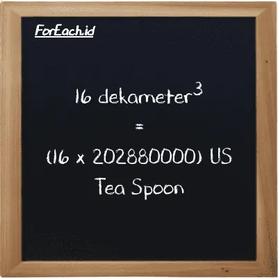 Cara konversi dekameter<sup>3</sup> ke US Tea Spoon (dam<sup>3</sup> ke tsp): 16 dekameter<sup>3</sup> (dam<sup>3</sup>) setara dengan 16 dikalikan dengan 202880000 US Tea Spoon (tsp)