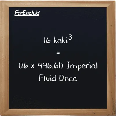 Cara konversi kaki<sup>3</sup> ke Imperial Fluid Once (ft<sup>3</sup> ke imp fl oz): 16 kaki<sup>3</sup> (ft<sup>3</sup>) setara dengan 16 dikalikan dengan 996.61 Imperial Fluid Once (imp fl oz)