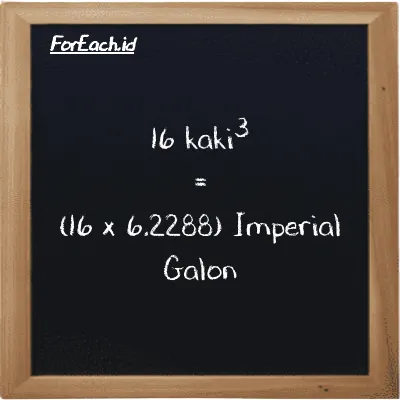 Cara konversi kaki<sup>3</sup> ke Imperial Galon (ft<sup>3</sup> ke imp gal): 16 kaki<sup>3</sup> (ft<sup>3</sup>) setara dengan 16 dikalikan dengan 6.2288 Imperial Galon (imp gal)