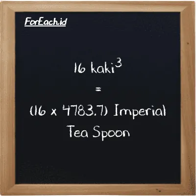 Cara konversi kaki<sup>3</sup> ke Imperial Tea Spoon (ft<sup>3</sup> ke imp tsp): 16 kaki<sup>3</sup> (ft<sup>3</sup>) setara dengan 16 dikalikan dengan 4783.7 Imperial Tea Spoon (imp tsp)