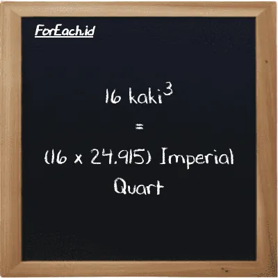 Cara konversi kaki<sup>3</sup> ke Imperial Quart (ft<sup>3</sup> ke imp qt): 16 kaki<sup>3</sup> (ft<sup>3</sup>) setara dengan 16 dikalikan dengan 24.915 Imperial Quart (imp qt)