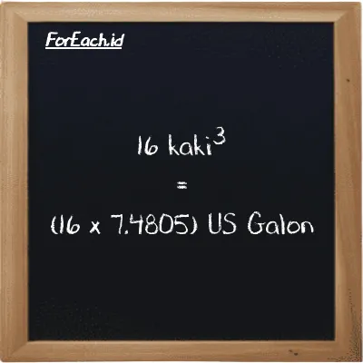 Cara konversi kaki<sup>3</sup> ke US Galon (ft<sup>3</sup> ke gal): 16 kaki<sup>3</sup> (ft<sup>3</sup>) setara dengan 16 dikalikan dengan 7.4805 US Galon (gal)