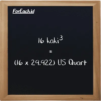 Cara konversi kaki<sup>3</sup> ke US Quart (ft<sup>3</sup> ke qt): 16 kaki<sup>3</sup> (ft<sup>3</sup>) setara dengan 16 dikalikan dengan 29.922 US Quart (qt)