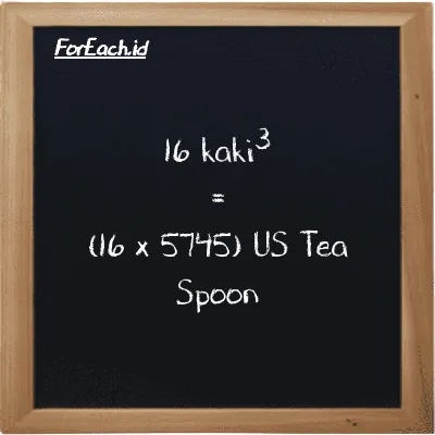 Cara konversi kaki<sup>3</sup> ke US Tea Spoon (ft<sup>3</sup> ke tsp): 16 kaki<sup>3</sup> (ft<sup>3</sup>) setara dengan 16 dikalikan dengan 5745 US Tea Spoon (tsp)