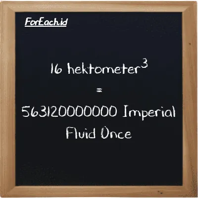 16 hektometer<sup>3</sup> setara dengan 563120000000 Imperial Fluid Once (16 hm<sup>3</sup> setara dengan 563120000000 imp fl oz)