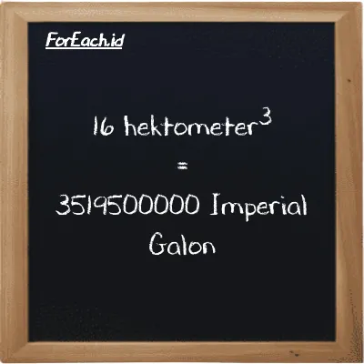 16 hektometer<sup>3</sup> setara dengan 3519500000 Imperial Galon (16 hm<sup>3</sup> setara dengan 3519500000 imp gal)