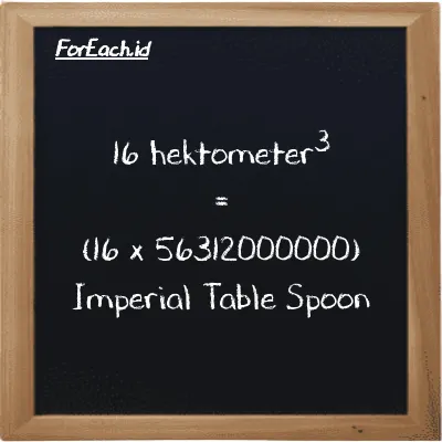 Cara konversi hektometer<sup>3</sup> ke Imperial Table Spoon (hm<sup>3</sup> ke imp tbsp): 16 hektometer<sup>3</sup> (hm<sup>3</sup>) setara dengan 16 dikalikan dengan 56312000000 Imperial Table Spoon (imp tbsp)