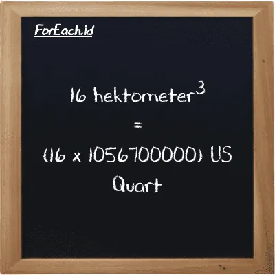 Cara konversi hektometer<sup>3</sup> ke US Quart (hm<sup>3</sup> ke qt): 16 hektometer<sup>3</sup> (hm<sup>3</sup>) setara dengan 16 dikalikan dengan 1056700000 US Quart (qt)