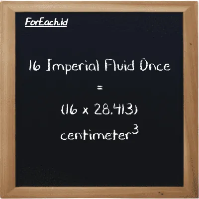 Cara konversi Imperial Fluid Once ke centimeter<sup>3</sup> (imp fl oz ke cm<sup>3</sup>): 16 Imperial Fluid Once (imp fl oz) setara dengan 16 dikalikan dengan 28.413 centimeter<sup>3</sup> (cm<sup>3</sup>)