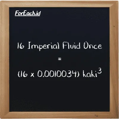 Cara konversi Imperial Fluid Once ke kaki<sup>3</sup> (imp fl oz ke ft<sup>3</sup>): 16 Imperial Fluid Once (imp fl oz) setara dengan 16 dikalikan dengan 0.0010034 kaki<sup>3</sup> (ft<sup>3</sup>)