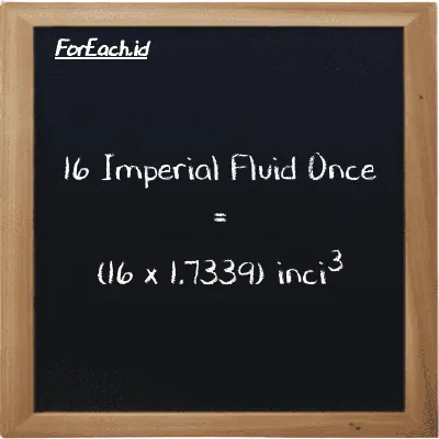Cara konversi Imperial Fluid Once ke inci<sup>3</sup> (imp fl oz ke in<sup>3</sup>): 16 Imperial Fluid Once (imp fl oz) setara dengan 16 dikalikan dengan 1.7339 inci<sup>3</sup> (in<sup>3</sup>)