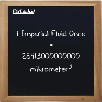 1 Imperial Fluid Once setara dengan 28413000000000 mikrometer<sup>3</sup> (1 imp fl oz setara dengan 28413000000000 µm<sup>3</sup>)