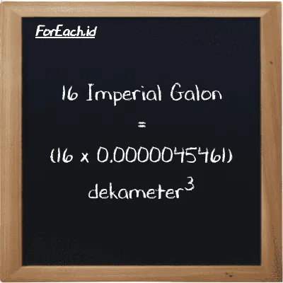 Cara konversi Imperial Galon ke dekameter<sup>3</sup> (imp gal ke dam<sup>3</sup>): 16 Imperial Galon (imp gal) setara dengan 16 dikalikan dengan 0.0000045461 dekameter<sup>3</sup> (dam<sup>3</sup>)