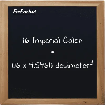 Cara konversi Imperial Galon ke desimeter<sup>3</sup> (imp gal ke dm<sup>3</sup>): 16 Imperial Galon (imp gal) setara dengan 16 dikalikan dengan 4.5461 desimeter<sup>3</sup> (dm<sup>3</sup>)