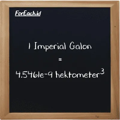 1 Imperial Galon setara dengan 4.5461e-9 hektometer<sup>3</sup> (1 imp gal setara dengan 4.5461e-9 hm<sup>3</sup>)