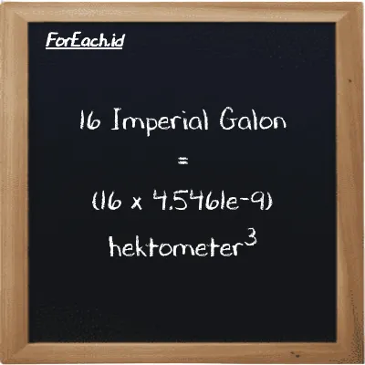 Cara konversi Imperial Galon ke hektometer<sup>3</sup> (imp gal ke hm<sup>3</sup>): 16 Imperial Galon (imp gal) setara dengan 16 dikalikan dengan 4.5461e-9 hektometer<sup>3</sup> (hm<sup>3</sup>)