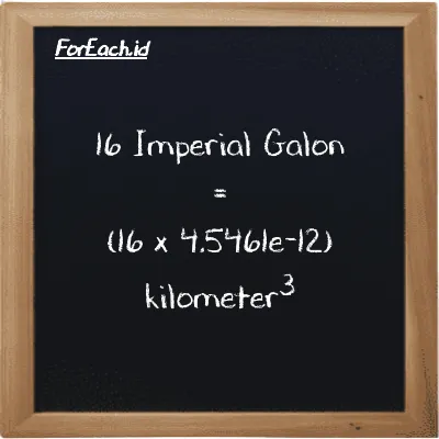 Cara konversi Imperial Galon ke kilometer<sup>3</sup> (imp gal ke km<sup>3</sup>): 16 Imperial Galon (imp gal) setara dengan 16 dikalikan dengan 4.5461e-12 kilometer<sup>3</sup> (km<sup>3</sup>)
