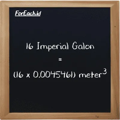 Cara konversi Imperial Galon ke meter<sup>3</sup> (imp gal ke m<sup>3</sup>): 16 Imperial Galon (imp gal) setara dengan 16 dikalikan dengan 0.0045461 meter<sup>3</sup> (m<sup>3</sup>)
