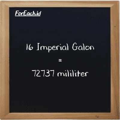 16 Imperial Galon setara dengan 72737 mililiter (16 imp gal setara dengan 72737 ml)
