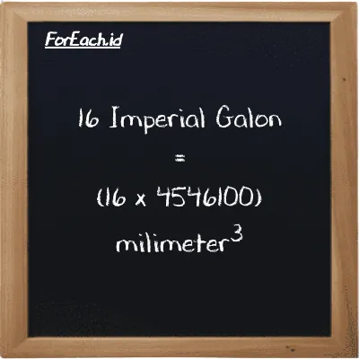 Cara konversi Imperial Galon ke milimeter<sup>3</sup> (imp gal ke mm<sup>3</sup>): 16 Imperial Galon (imp gal) setara dengan 16 dikalikan dengan 4546100 milimeter<sup>3</sup> (mm<sup>3</sup>)