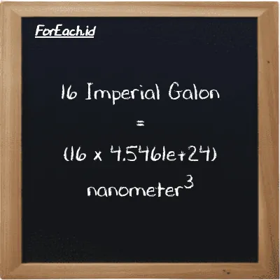 Cara konversi Imperial Galon ke nanometer<sup>3</sup> (imp gal ke nm<sup>3</sup>): 16 Imperial Galon (imp gal) setara dengan 16 dikalikan dengan 4.5461e+24 nanometer<sup>3</sup> (nm<sup>3</sup>)