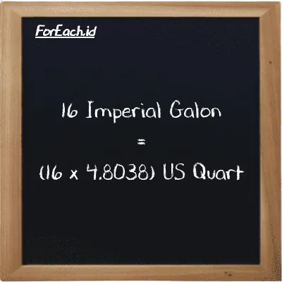 Cara konversi Imperial Galon ke US Quart (imp gal ke qt): 16 Imperial Galon (imp gal) setara dengan 16 dikalikan dengan 4.8038 US Quart (qt)